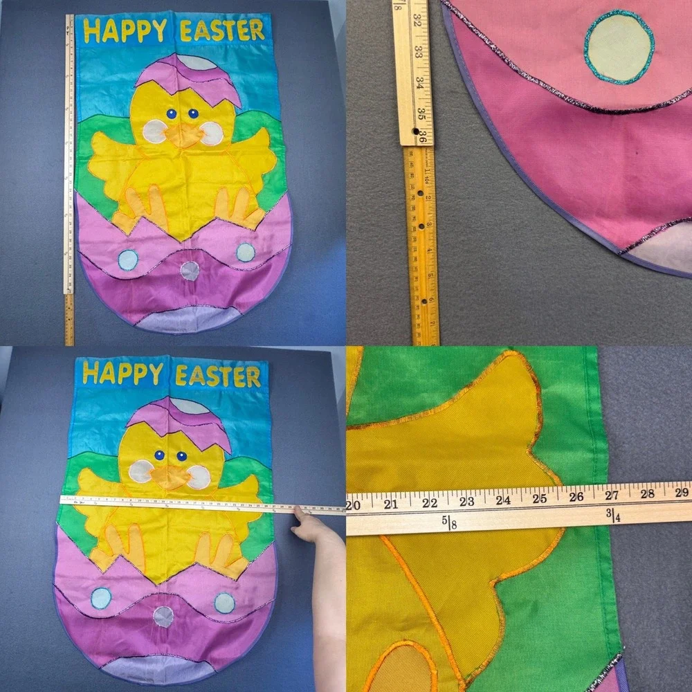 Vtg Happy Easter Chick Chicken Egg Colorful Outdoor Nylon Flag w Metallic Accent